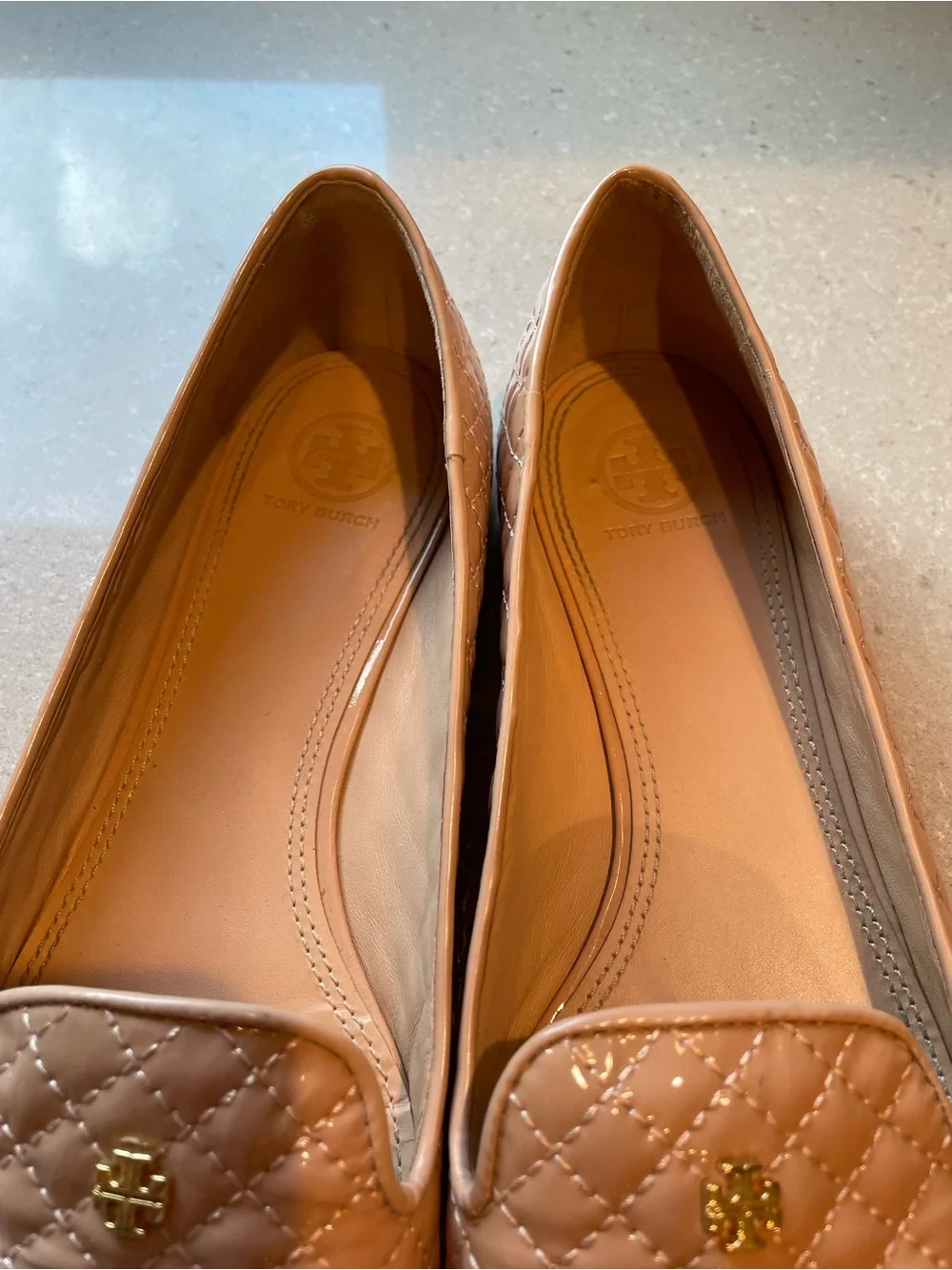 Tory Burch Quilted PatentLeather Ballet Flats | Light Oak